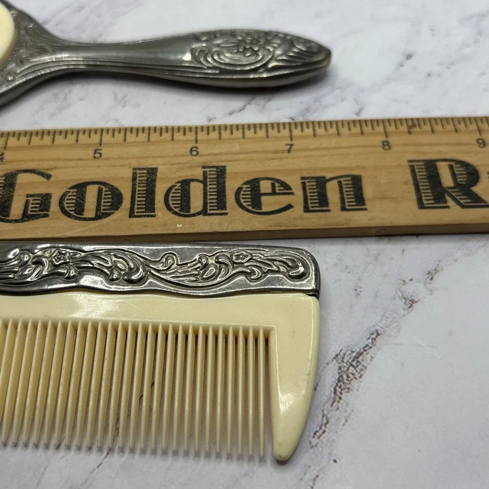 Vintage Ornate Silver Plate Hair Brush & Comb Set Vanity Dresser Collectible